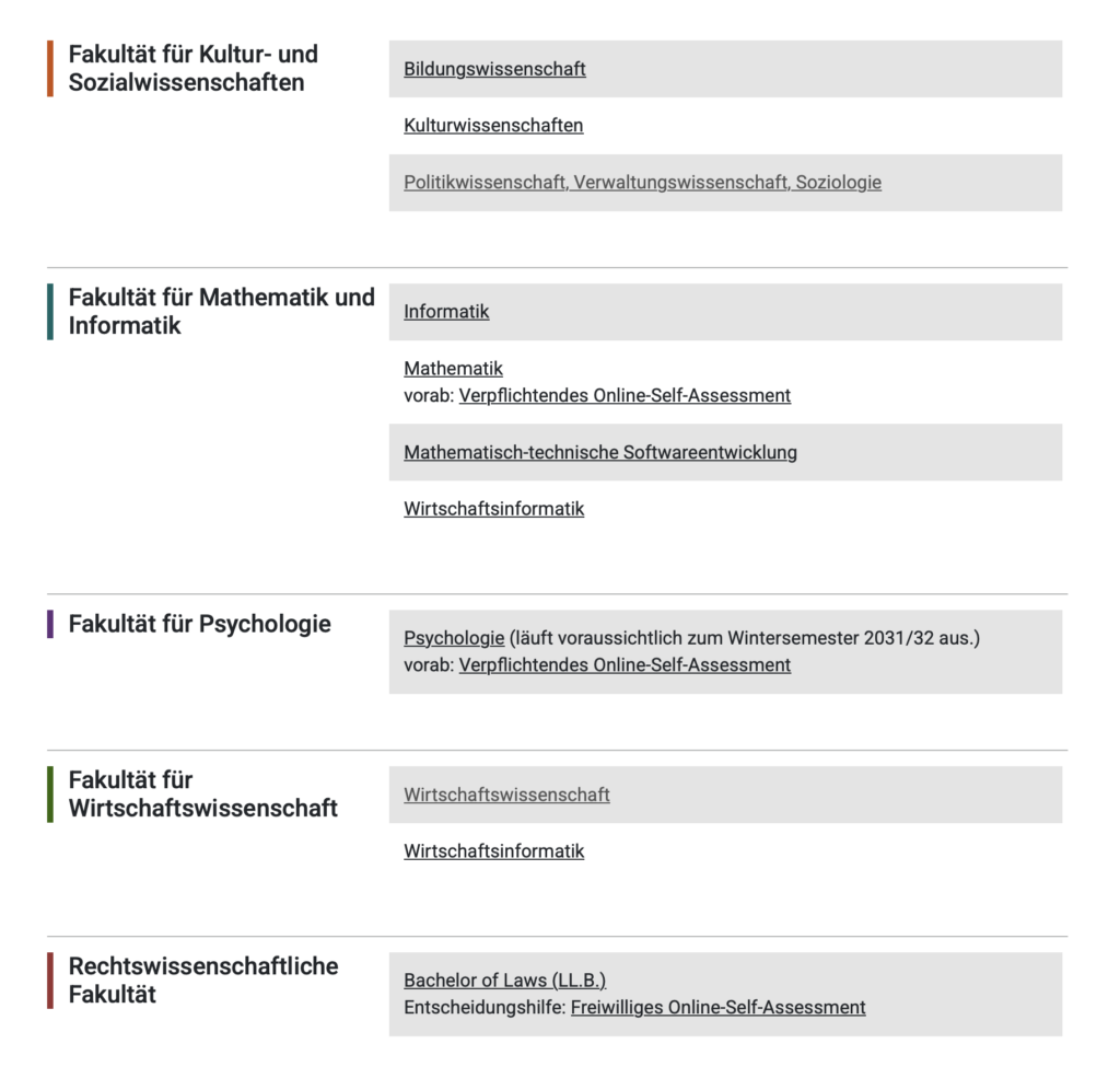 Liste der Studiengänge von der Website Fernuni-Hagen