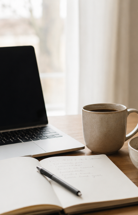 studieren mit mitte 30, computer, Kaffe und aufgeschlagenes Buch auf einem Tisch